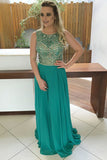 A-Line Jewel Sweep Train Green Chiffon Open Back Prom Dress with Beading LR454 | ballgownbridal