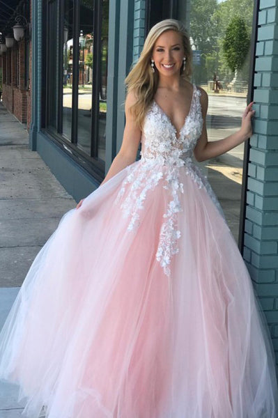 A-Line V-Neck Floor-Length Pink Prom Dress with Appliques Pearls ODA016 | ballgownbridal