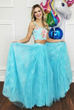 Two Piece Straps Sweep Train Blue Lace Prom Dress with Beading Embroidery LR109