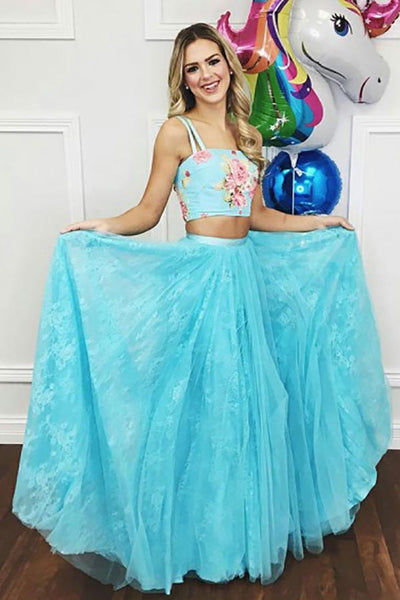 Two Piece Straps Sweep Train Blue Lace Prom Dress with Beading Embroidery LR109