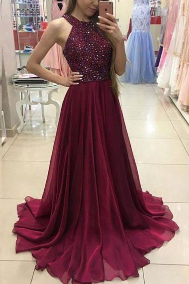 A-Line Halter Sweep Train Burgundy Chiffon Prom Dress with Beading AHC690 | ballgownbridal