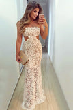 Mermaid Strapless Floor-Length Cut Out White Lace Sleeveless Prom Dress LR444 | ballgownbridal