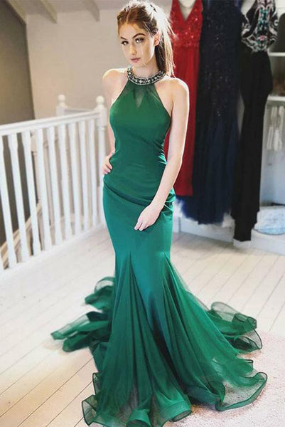 Mermaid Halter Green Satin Long Prom Dresses Evening Dresses with Beading  PDA235 | ballgownbridal