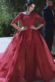 Ball Gown Boat Neck Long Sleeves Court Train Dark Red Tulle Appliques Prom Dress AHC519 | ballgownbridal