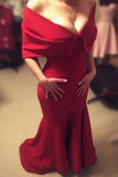 Mermaid Off-the-Shoulder Swep Train Red Stretch Satin Sleeveless Prom Dress LR227