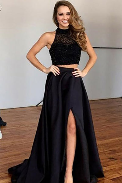 Two Piece Jewel Sweep Train Black Split Satin Prom Dress with Beading LR384