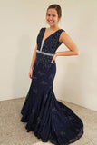 Mermaid V-Neck Sweep Train Navy Blue Lace Prom Dress with Beading LR45