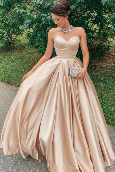Sweetheart Neck Champagne Satin Strapless Long A Line Prom Dress PDA243 | ballgownbridal