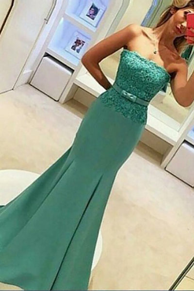 Mermaid Strapless Sweep Train Green Satin Prom Dress with Appliques Belt LR389