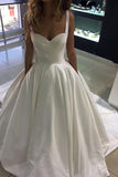 Simple A Line Sweetheart White Long Wedding Party Dresses Sweep Train PDA153 | ballgownbridal