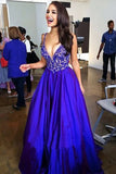 A-Line Deep V-Neck Sweep Train Royal Blue Satin Backless Prom Dress with Appliques LR494 | ballgownbridal