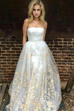 A-Line Sweetheart Sweep Train White Tulle Prom Dress with Appliques Pockets LR266