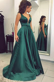 A-Line Deep V-Neck Sweep Train Dark Green Satin Backless Prom Dress LR490