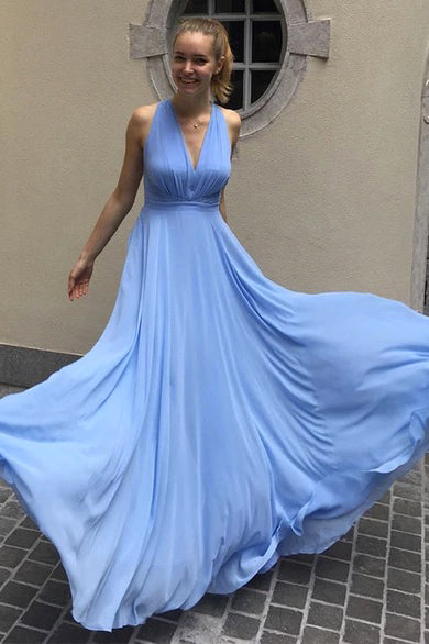 Simple Blue Chiffon V Neck Long Prom Dress PDA245 | ballgownbridal