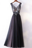 A-Line V-Neck Sweep Train Grey Tulle Prom Dress with Appliques Beading LR367 | ballgownbridal