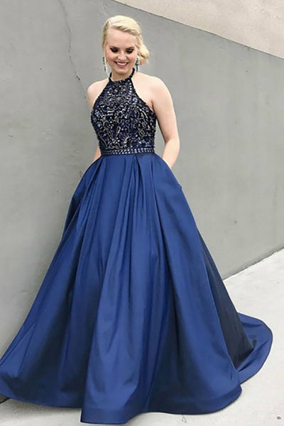 A-Line Jewel Sweep Train Royal Blue Satin Prom Dress with Beading Pockets LR320