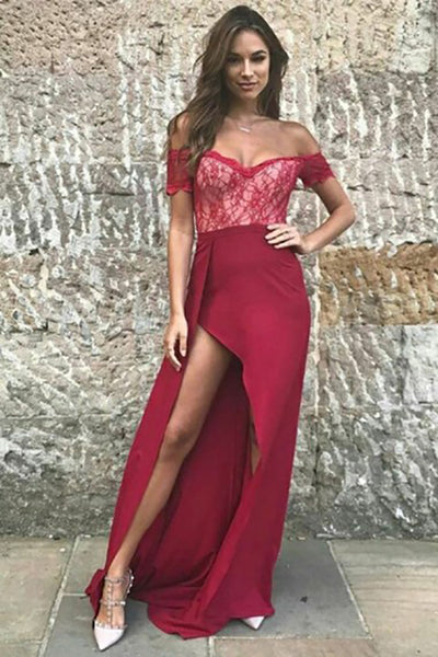 A-Line Off-the-Shoulder Sweep Train Dark Red Chiffon Split Prom Dress with Lace LR260