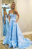 A-Line Sweetheart Sweep Train Light Blue Prom Dress with Appliques Pockets LR19