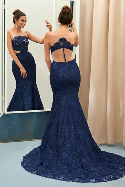Mermaid Crew Sweep Train Navy Blue Lace Sleeveless Prom Dress with Appliques LR210