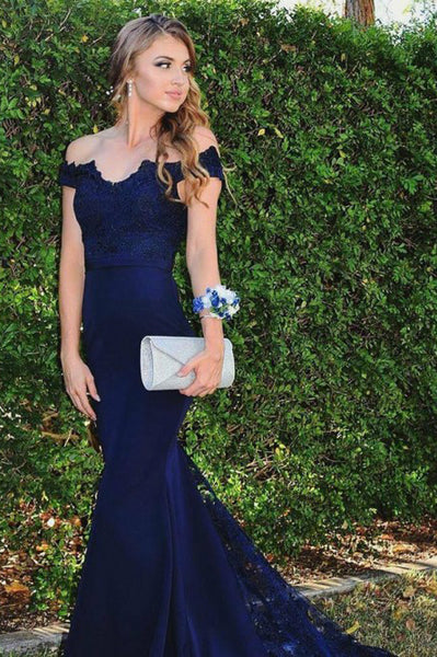 Mermaid Off-the-Shoulder Sweep Train Navy Blue Prom Dress with Appliques PDA276 | ballgownbridal