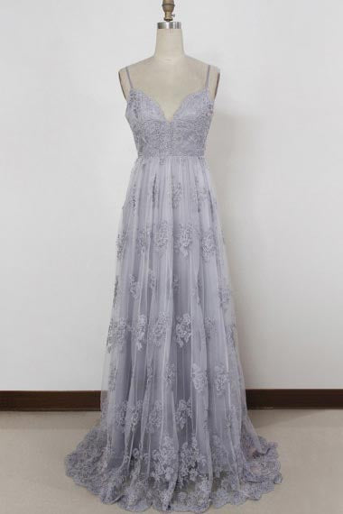 Sheath Spaghetti Straps Sweep Train Backless Grey Tulle Prom Dress with Appliques AHC669 | ballgownbridal