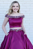 Two Piece Off-the-Shoulder Sweep Train Grape Satin Prom Dress with Beading Pockets LR189