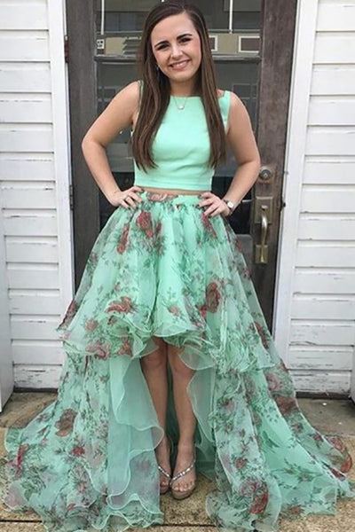 Two Piece Bateau Sweep Train High Low Green Printed Tulle Ruffles Prom Dress LR400