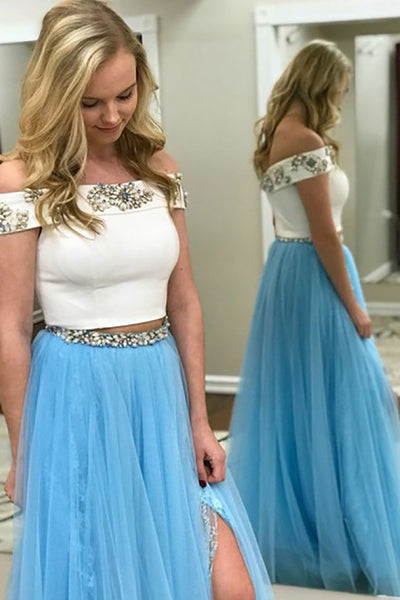 Two Piece Off-the-Shoulder Sweep Train Blue Split Tulle Prom Dress with Beading LR184
