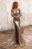 Mermaid Off-the-Shoulder Long Split Prom Dress Gold Sequined Evening Dress with Sleeves PDA410 | ballgownbridal