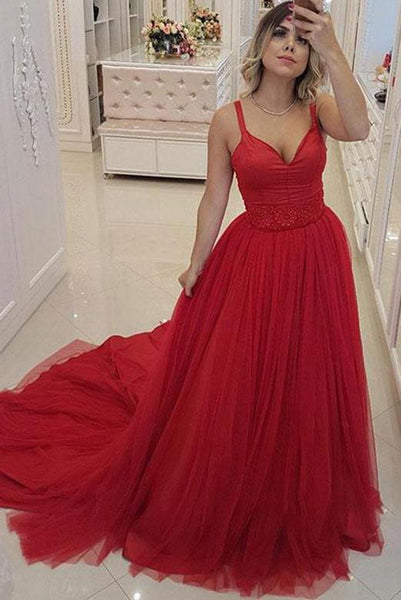 Beautiful V Neck Red Tulle Long Prom Evening Dresses with Ruffles PDA009 | ballgownbridal