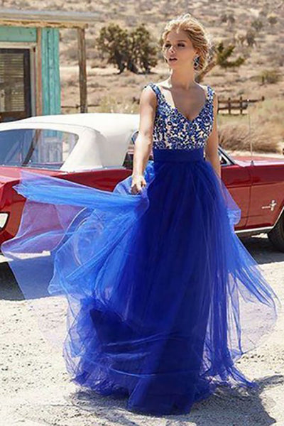 A-Line Deep V-Neck Sweep Train Royal Blue Tulle Prom Dress with Appliques Ruffles LR315