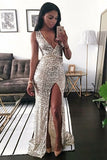 Mermaid Deep V-Neck Sweep Train Silver Sequined Sleeveless Prom Dress AHC503 | ballgownbridal