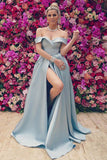 A-Line Off-the-Shoulder Sweep Train High Split Side Grey Satin Prom Dress LR415