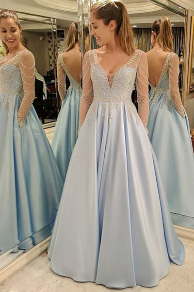 A-Line Deep V-Neck Floor-Length Long Sleeves Light Blue Satin Backless Beaded Prom Dress LR391