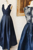 A-Line Deep V-Neck Floor-Length Navy Blue Satin Sleeveless Prom Dress with Appliques LR231