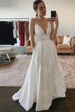 Simple Spaghetti Straps White Satin Long Beach Wedding Dresses PDA178 | ballgownbridal
