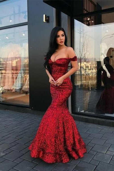 Red Mermaid Long Prom Dresses Off the Shoulder Evening Party Dresses PDA208 | BALLGOWNBRIDAL