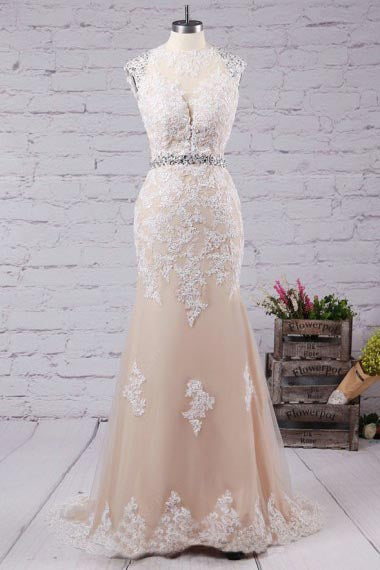 Mermaid Jewel Sweep Train Open Back Champagne Tulle Prom Dress with Applqiues  AHC667 | ballgownbridal
