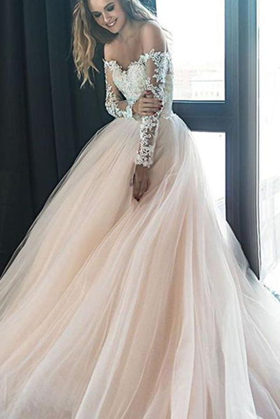 Off the Shoulder Long Sleeves Champagne Long Prom Dresses with Appliques PDA186 | ballgownbridal