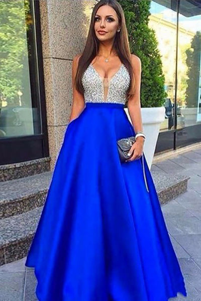 A-Line Deep V-Neck Floor-Length Royal Blue Satin Prom Dress with Beading Pockets LR385 | ballgownbridal