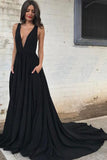 A-Line Deep V-Neck Court Train Sleeveless Backless Black Chiffon Prom Dress AHC666 | ballgownbridal
