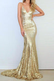 Mermaid Spaghetti Straps Sweep Train Criss-Cross Straps Gold Sequined Prom Dress AHC691 | ballgownbridal
