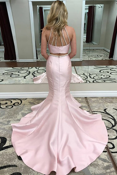 Two Piece Jewel Sweep Train Pink Satin Open Back Sleeveless Prom Dress with Beading LR329