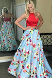 Two Piece Jewel Sweep Train Blue Printed Satin Sleeveless Prom Dress LR161