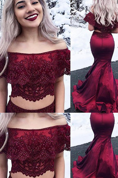 Two Piece Off-the-Shoulder Sweep Train Dark Red Prom Dress with Appliques Beading LR183