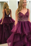 A-Line Deep V-Neck Sweep Train Purple Tulle Backless Beaded Prom Dress with Ruffles LR111