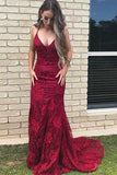 Mermaid Deep V-Neck Sweep Train Criss-Cross Straps Dark Red Lace Sleeveless Prom Dress LR135