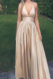A-Line Halter Floor-Length Sleeveless Champagne Taffeta Prom Dress with Ruched AHC671 | ballgownbridal