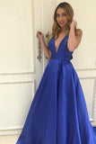 A-Line Deep V-Neck Floor-Length Royal Blue Bowknot Prom Dress PDA472 | ballgownbridal