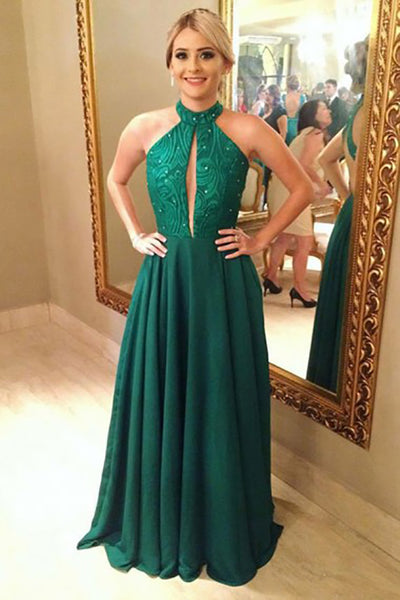 A-Line Jewel Sweep Train Green Keyhole Open Back Prom Dress with Beading Lace LR407 | ballgownbridal